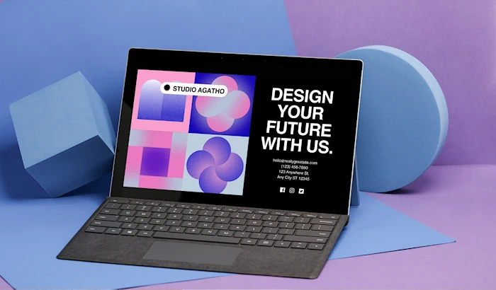 Laptop displaying company branding